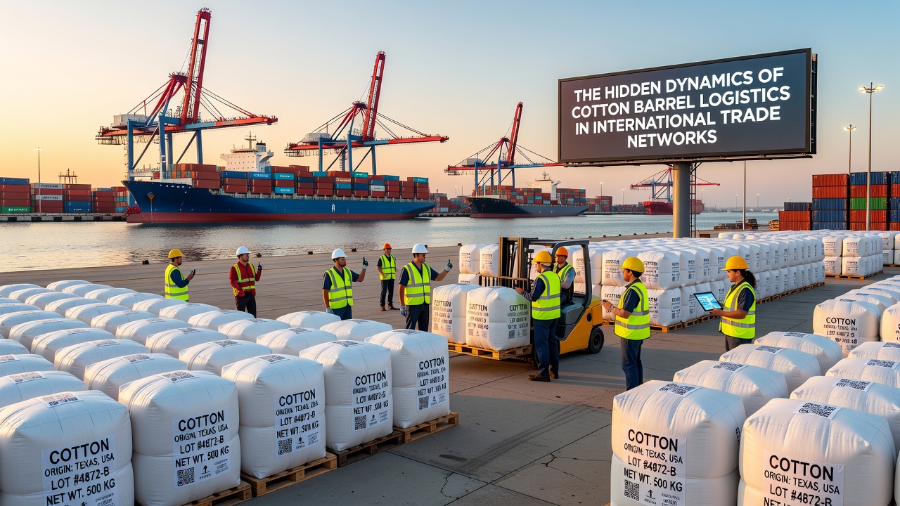 Logistics team inspecting cotton barrels during loading operations at a container terminal