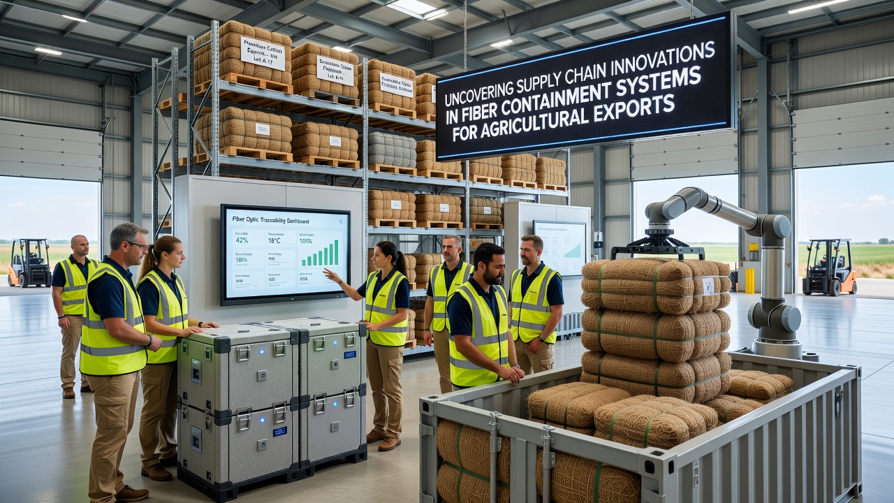 Supply chain workers inspecting sensor-integrated fiber containment units before loading onto export vessels